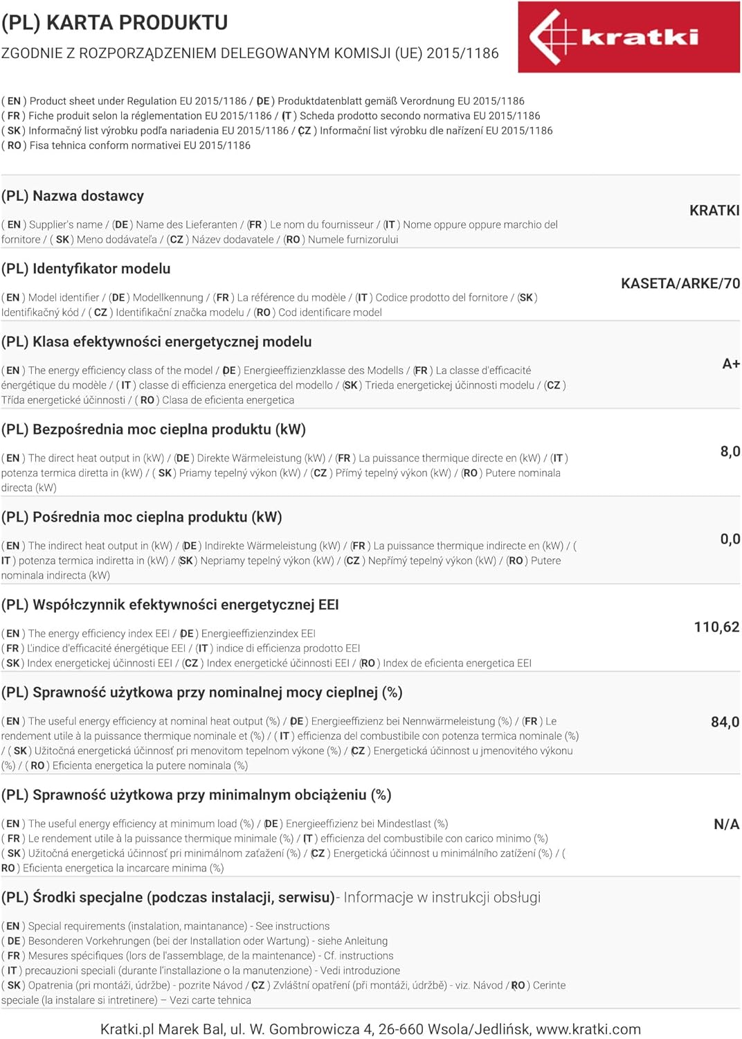 KRATKI Kaminofeneinsatz Arke, geschlossene Kassette | Gewicht 110 kg, Maße in cm: H52 x B76 x T47 | Brennstoff: Holz, Nennwärmeleistung 8 kW, Energieeffizienzklasse A+