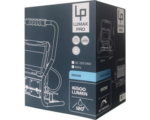 LUMAK PRO LED werklamp met statief IP54 100W 16500 lm 6500 K 5,0 m H07RN-F kabel met stekker + 2x USB uitgang + 1x geaard stopcontact