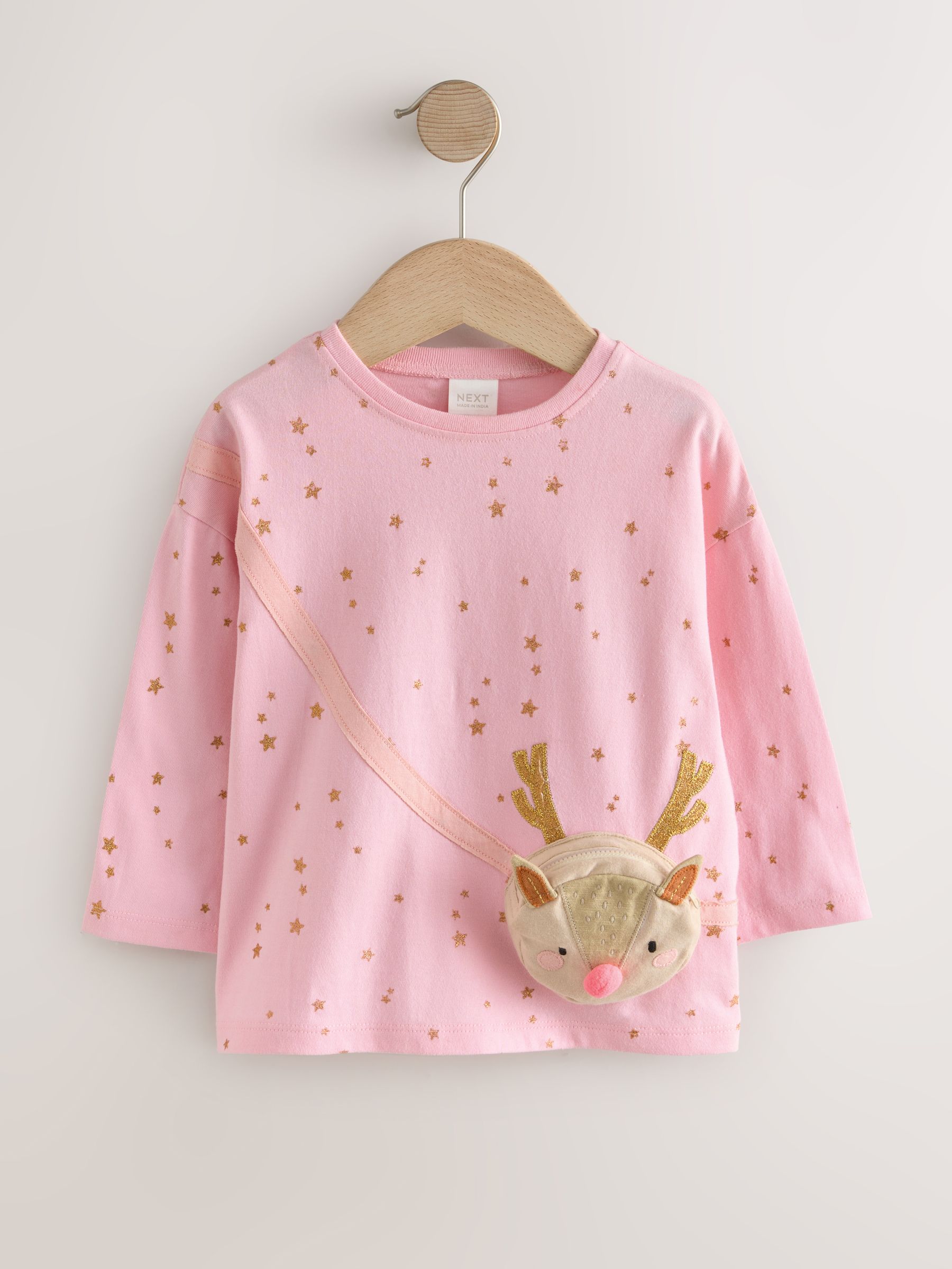 Roze rendier - T-shirt met lange mouwen en tas (9 mnd-7 jr)