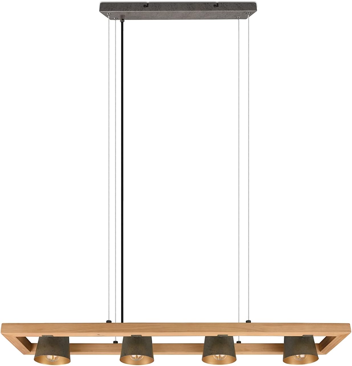 Pendelleuchte Ben, Hängelampe mit Schirm in Nickel Antik, Innenseite Gold, Hängeleuchte Esstisch mit Korpus aus Holz und Metall, exkl. 4 x E14 (max. 25W). Höhe: 150cm, Breite: 100cm