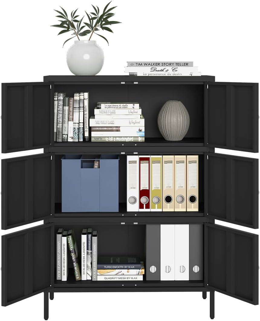 skølm Atriona Metall Kommode – Sideboard mit 3 Fächern & 6 Türen – Metallschrank in Schwarz – Mehrzweckschrank – Highboard 80 cm breit – höhenverstellbare Füße – Aufbewahrungsschrank – Flurschrank