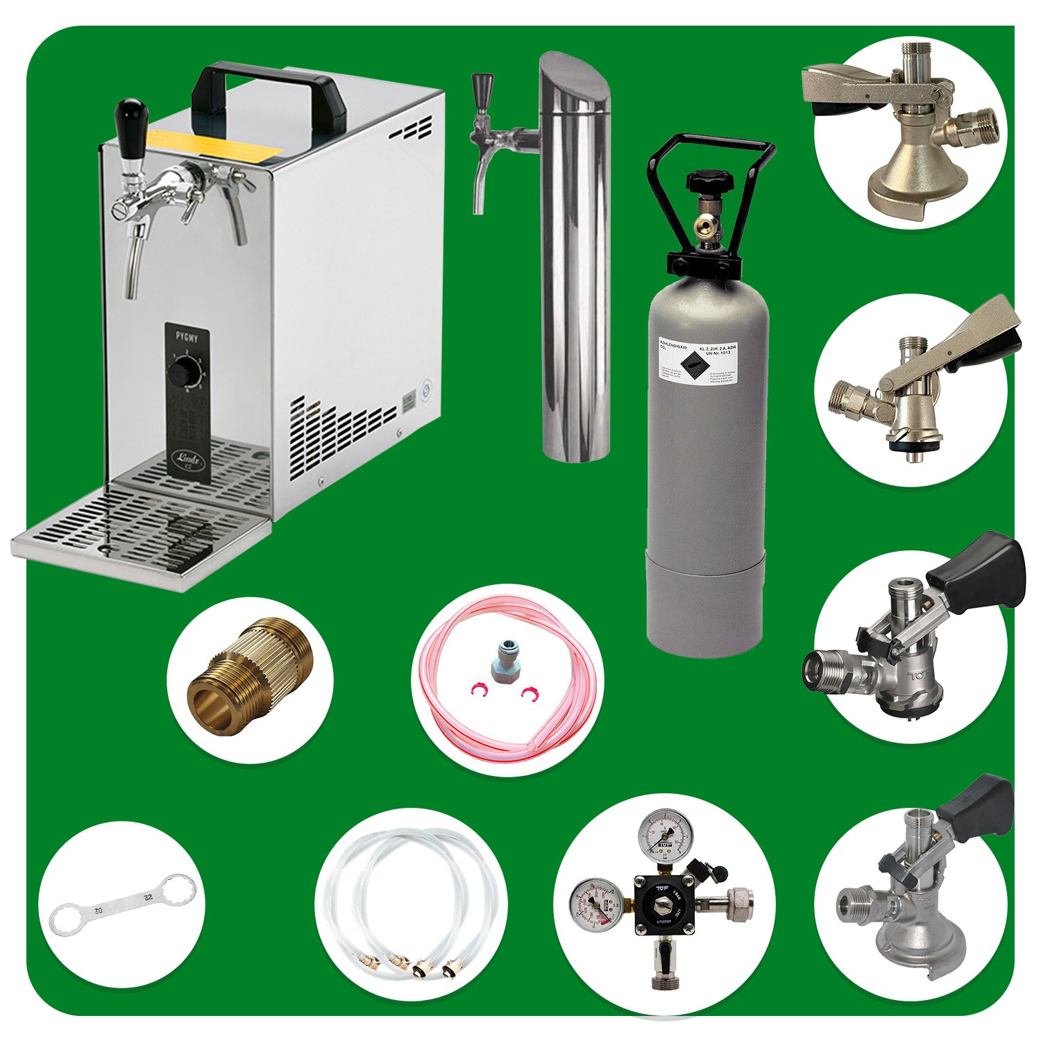 Untertheken Komplett Set - Zapfanlage, Bierzapfanlage, Bierkoffer, Durchlaufkühler PYGMY 25 LE 1-leitig Trockenkühler, 30 Liter/h, inkl. Schanksäule, Green Line, Zapfkopf:KeyKeg