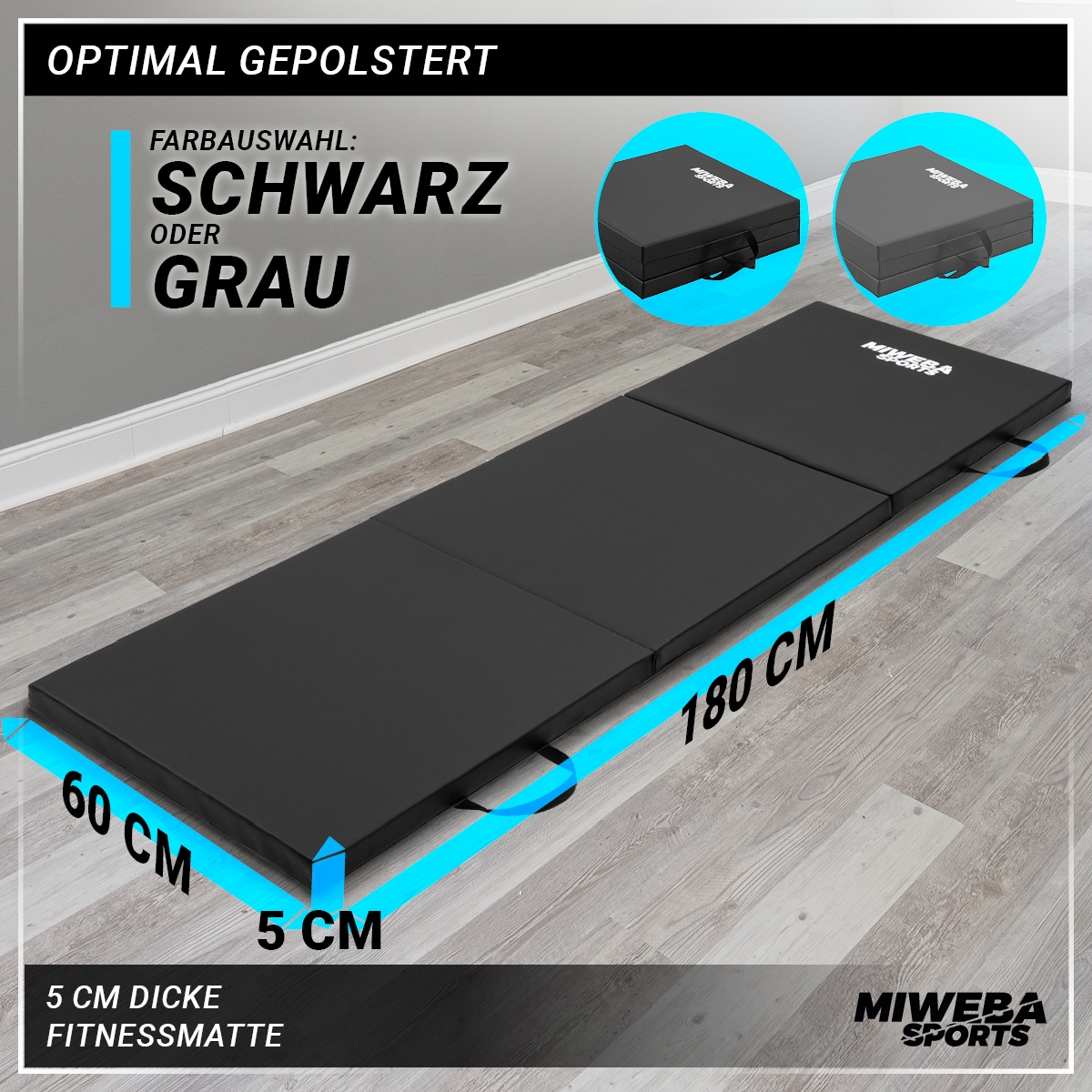 Miweba Sports Gymnastikmatte GM100, faltbar, rutschfest, Turnmatte für zuhause, Tragegriffe, PVC (Schwarz)