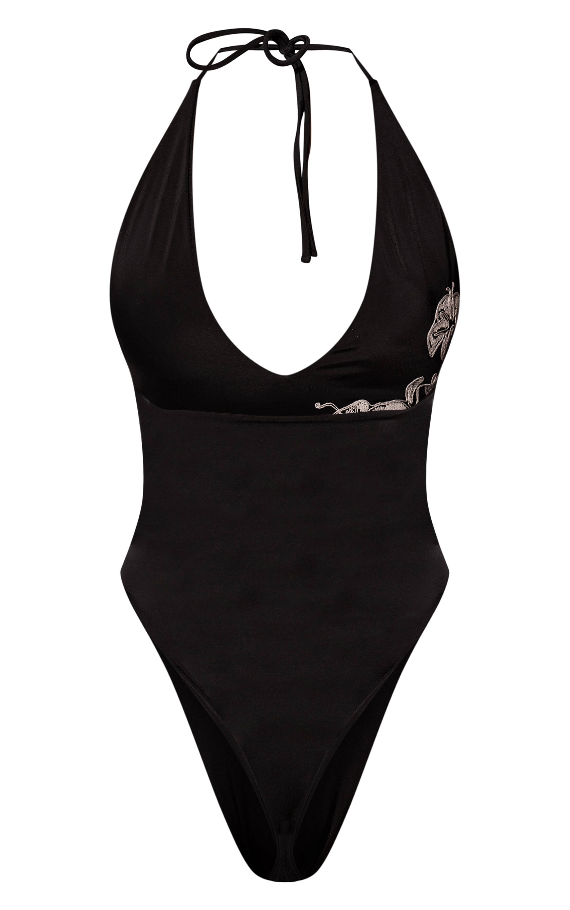 Noir Maillot De Bain Plongeant Brodé De Fleurs