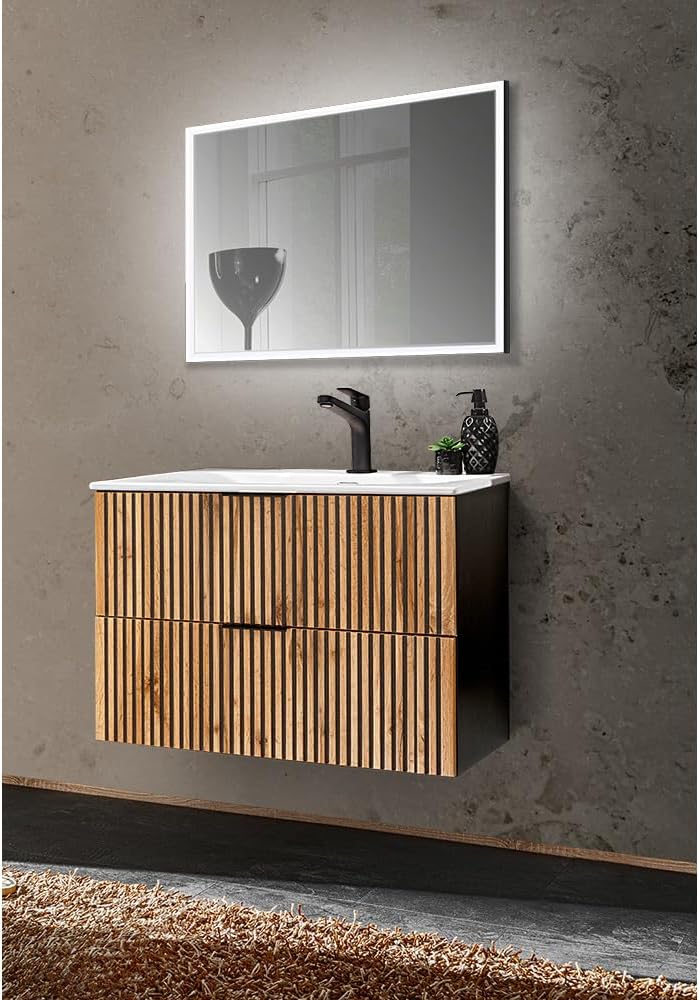 Lomadox Badmöbel Waschplatz Set Waschtisch Unterschrank 80 cm Keramik Waschbecken Spiegel LED Beleuchtung anthrazit Wotan Eiche Nb. schwarz Rillen B/H/T 81/200/46 cm