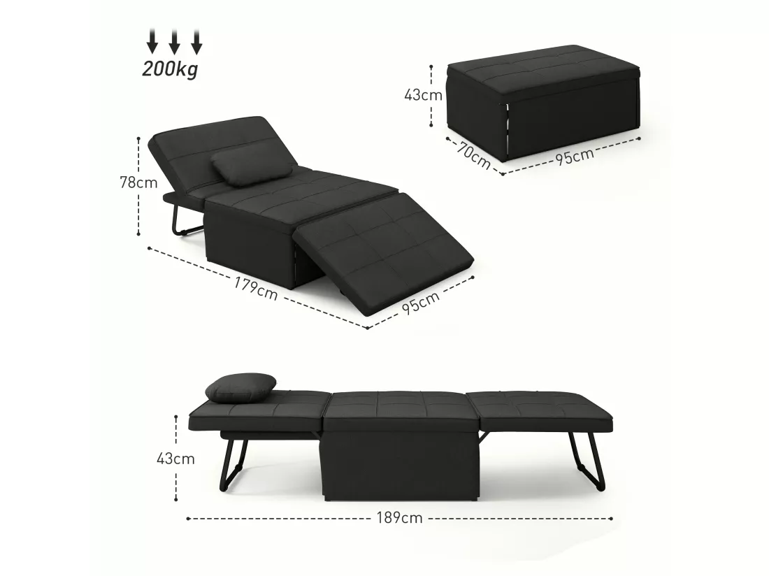 Fauteuil chauffeuse chaise longue pouf 3 en 1 dossier inclinable 5 niveaux repose-pied rabattable châssis métal noir lin noir