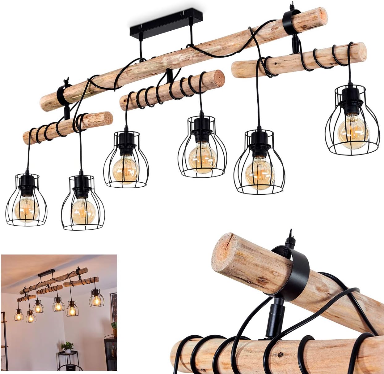 Deckenleuchte Gondo, 6-flammige Zimmerlampe aus Metall in schwarz und naturfarbenen Holz, Leuchtenköpfe sind individuell einstellbar, Deckenlampe im Retro/Boho Style, 6 x E27, ohne Leuchtmittel