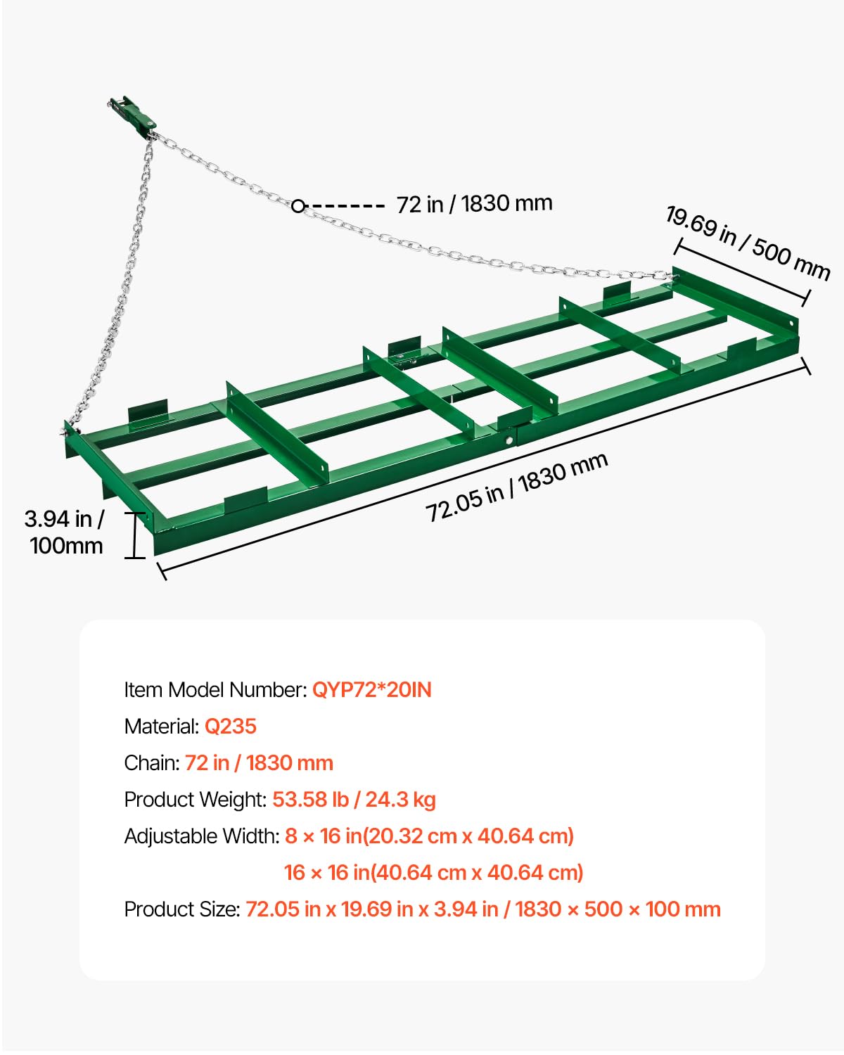 VEVOR Schleppegge, 1830x500x100 mm, Wiesenschleppe mit verstellbaren Stangen und 183 cm Kette, Rasentraktor, Feldegge für Geländefahrzeuge, UTVs, Traktoren, Rasenmäher, Schleppwerkzeug für den Hof