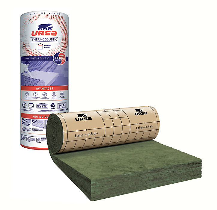Rouleau laine de verre combles perdus papier kraft URSA Thermocoustic 8,5 x 1,2 m Ép. 10 cm R. 2,50 m².K/W