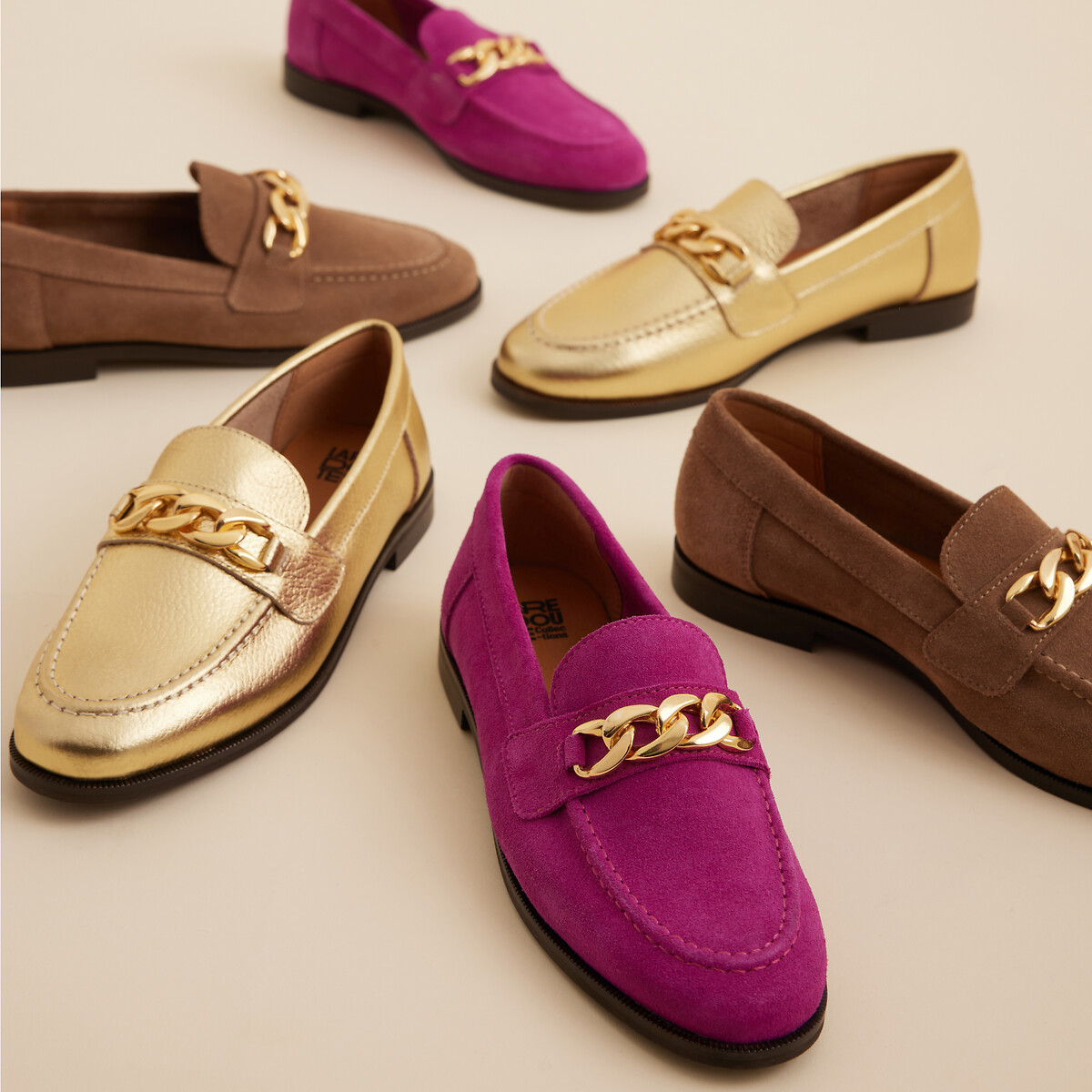 COLEÇÕES LA REDOUTE<br>Mocassins de couro metalizado com corrente