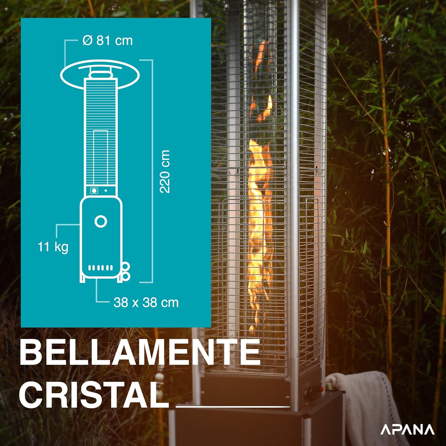 APANA Gasheizer 12,5kW Bellamente Cristal – Gas Heizpilz in Anthrazit mit Transportrollen – Terrassenheizer mit Umkippsicherung & Abschaltautomatik – Outdoor Heizstrahler für Garten & Balkon