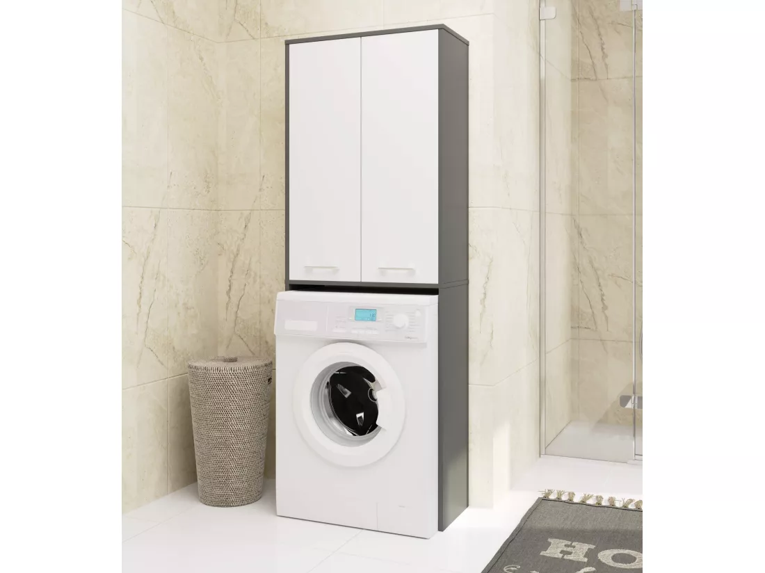 meuble machine a laver 2 portes 4 étagères 180x64x30 cm gris / blanc