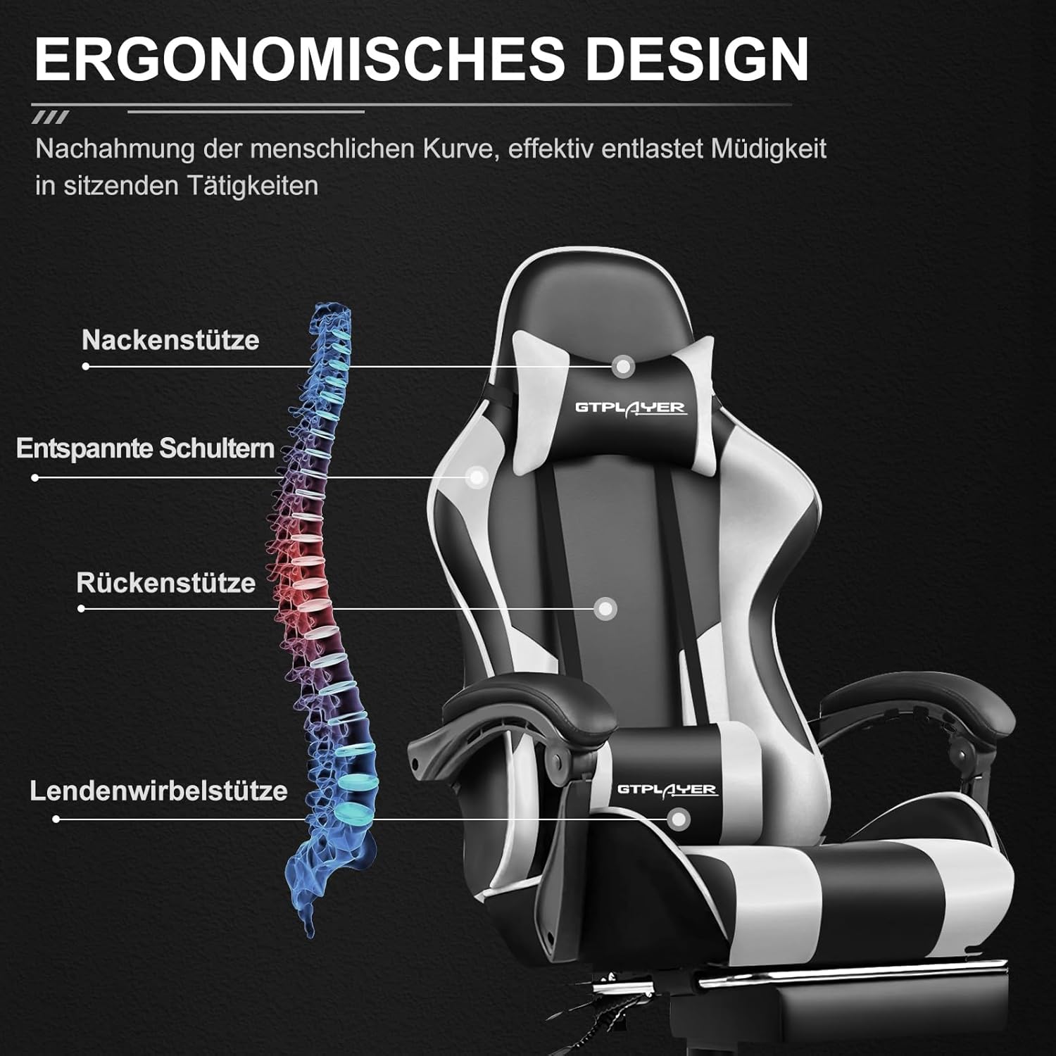 GTPLAYER Gaming Stuhl Bürostuhl Massage Gaming Sessel Ergonomischer Gamer Stuhl mit Fußstütze, Kopfstütze Massage-Lendenkissen, Gepolstert Gaming Chair, Drehsessel, weiß