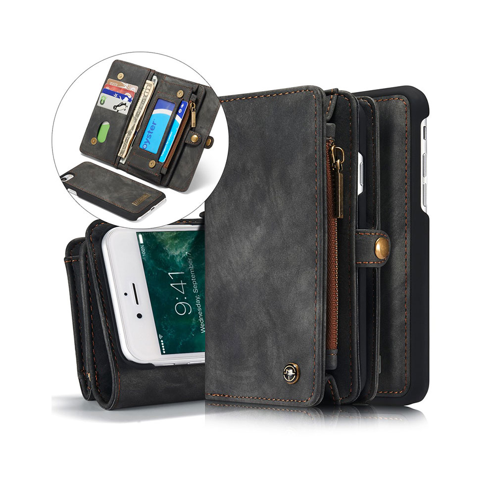 iPhone SE (2022/2020) / 8 / 7 3in1 Leder Tasche   Magnet Hardcase und Karten Etui - Grau