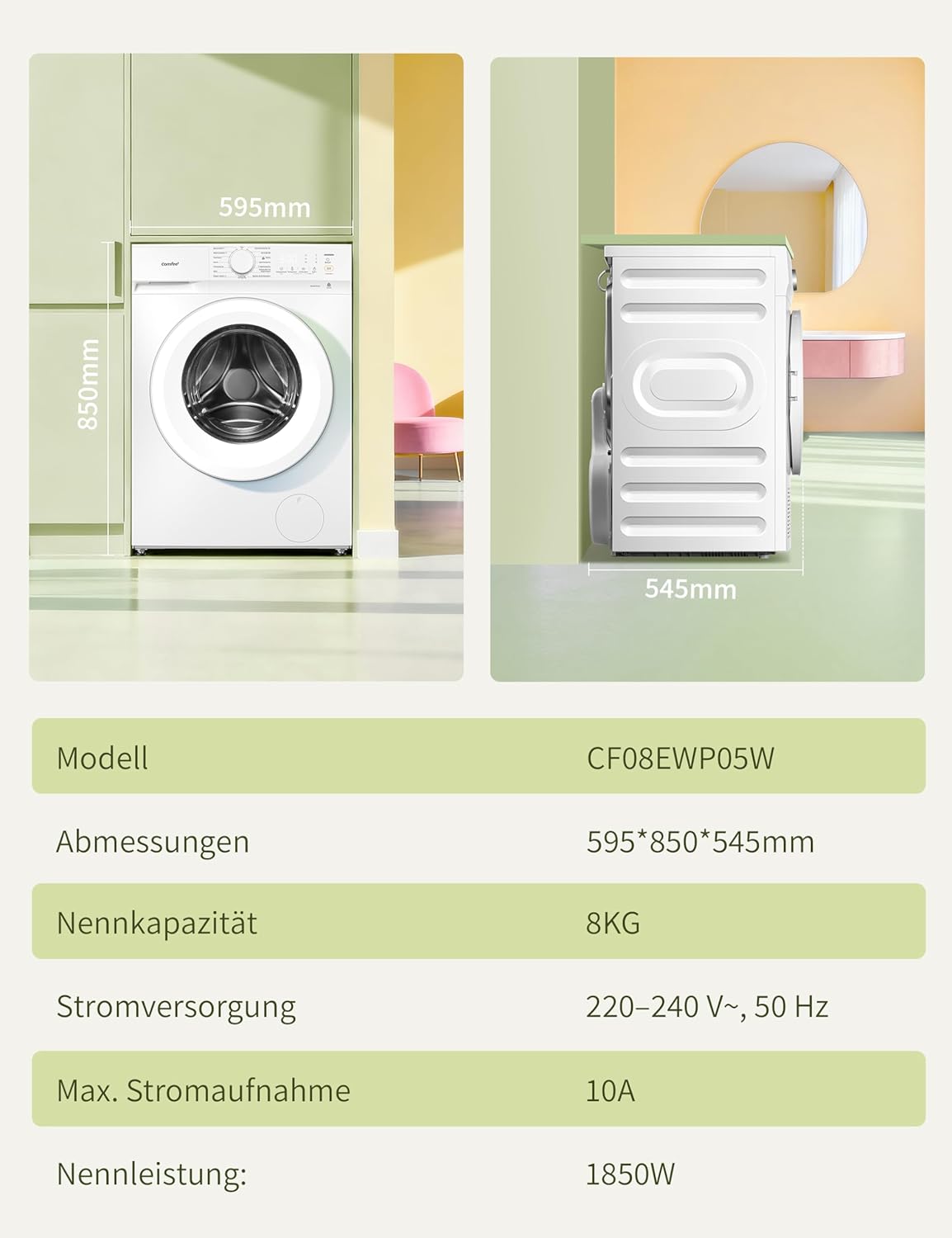 Comfee Waschmaschine 8kg, Washing machine mit Tierhaar-Programm & Dampffunktion,16 Programme,Energy Efficiency Class A-10%,Nachlegefunktion, Leise & Energiesparend, CF08EWP05W, Weiß