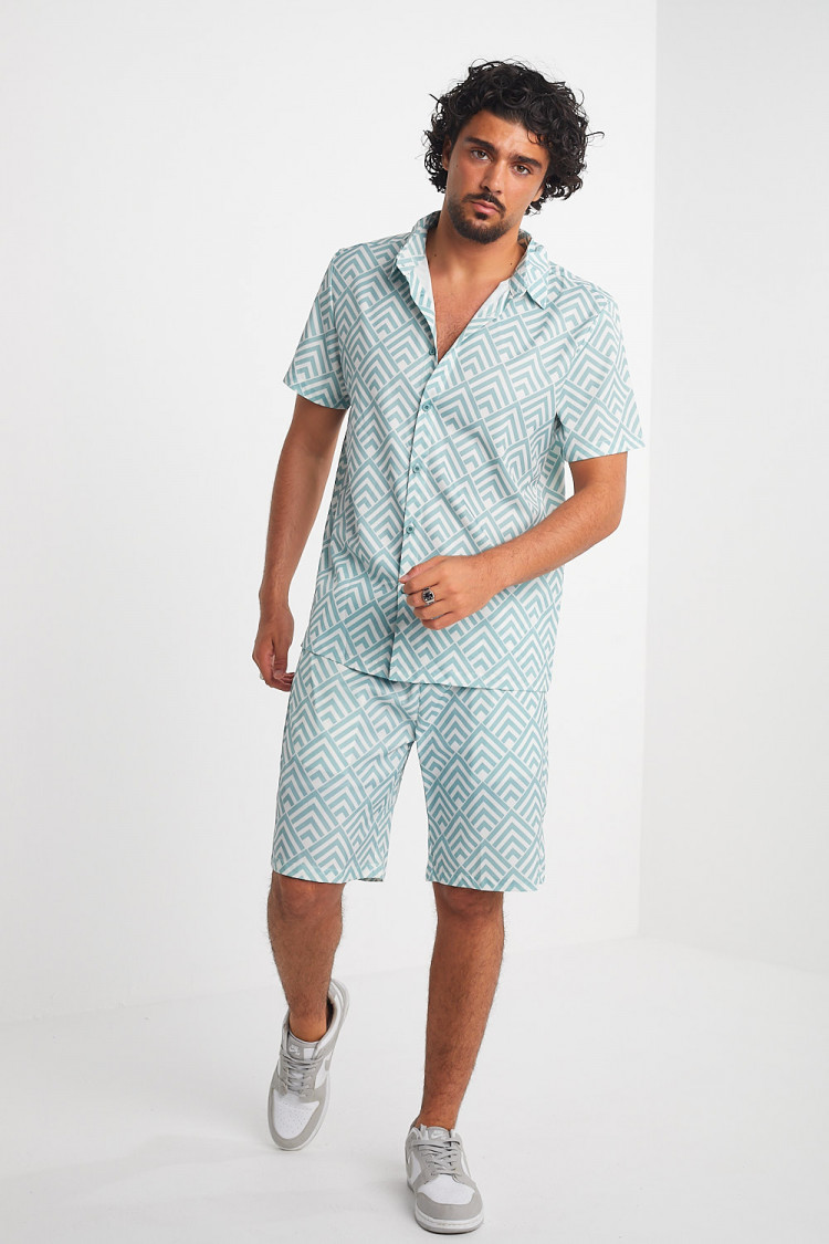 Ensemble 2 pièces chemise + short vert à motif géométrique