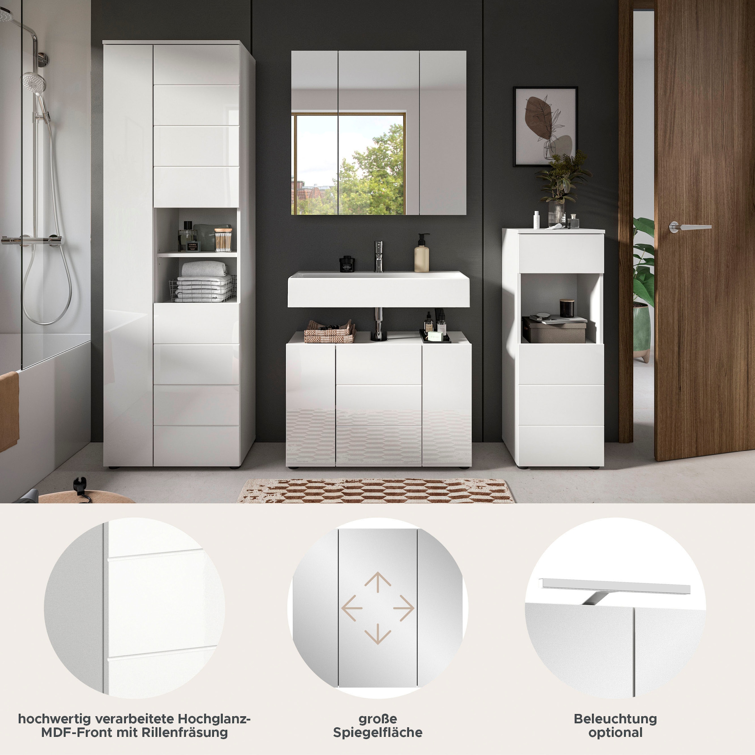 welltime Badmöbel-Set »Biel, Höhe 190 cm, Hochschrank, Unterschrank, Spiegel, Standschrank« 4 Stk. tlg.