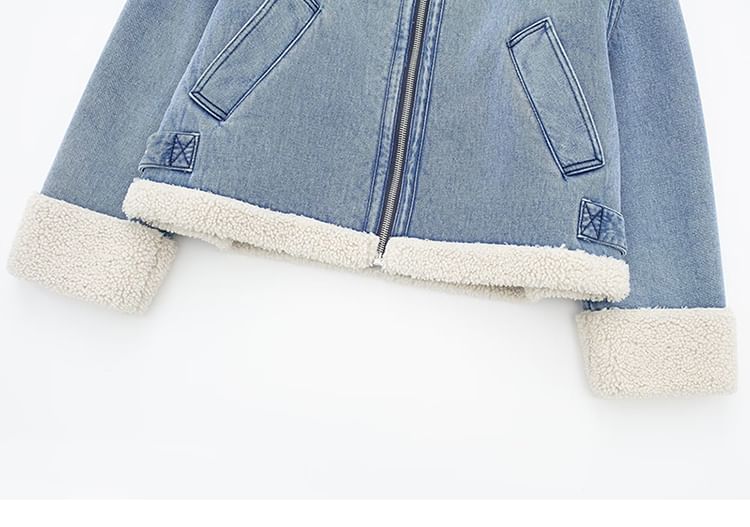 SugaYuja - Gewassen fleece denim jack met kraag en rits