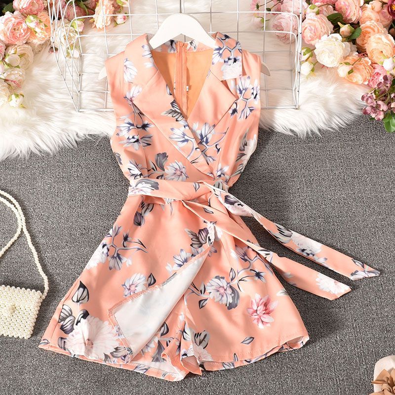 Dudu - Mouwloze romper met bloemenprint en strikceintuur