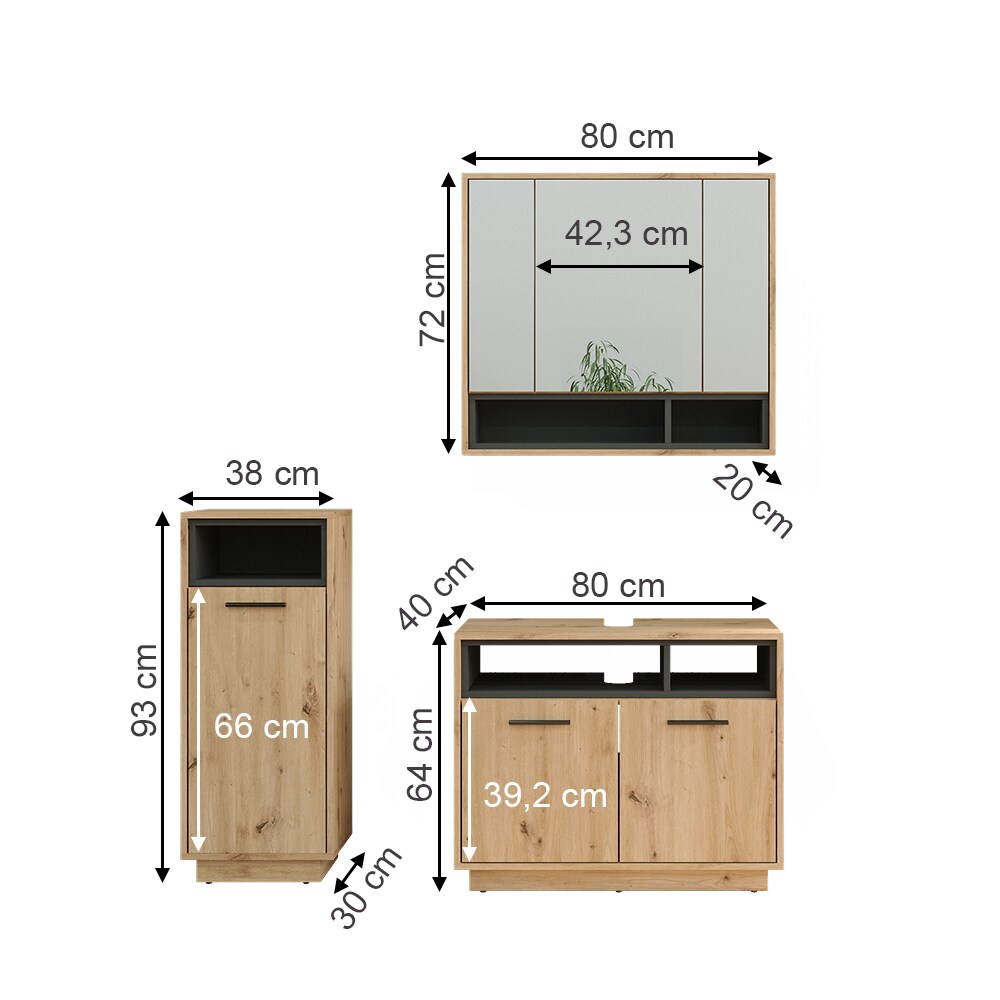 Vicco Badmöbel-Set Badezimmer-Möbel Bad-Schrank Beatrice Eiche Anthrazit modern Badezimmerschrank Waschtischunterschrank Spiegelschrank Midischrank Schranktür Schrankfach