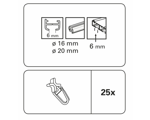 Kruisstukglijders met plooihaken voor loopkanaal 6 mm, 25 stuks.