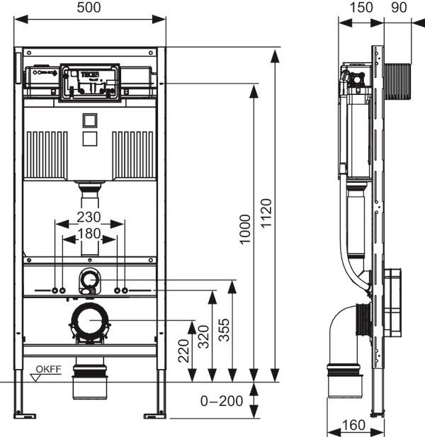 TECE Profil inbouwreservoir met Uni-spoelkast 112cm
