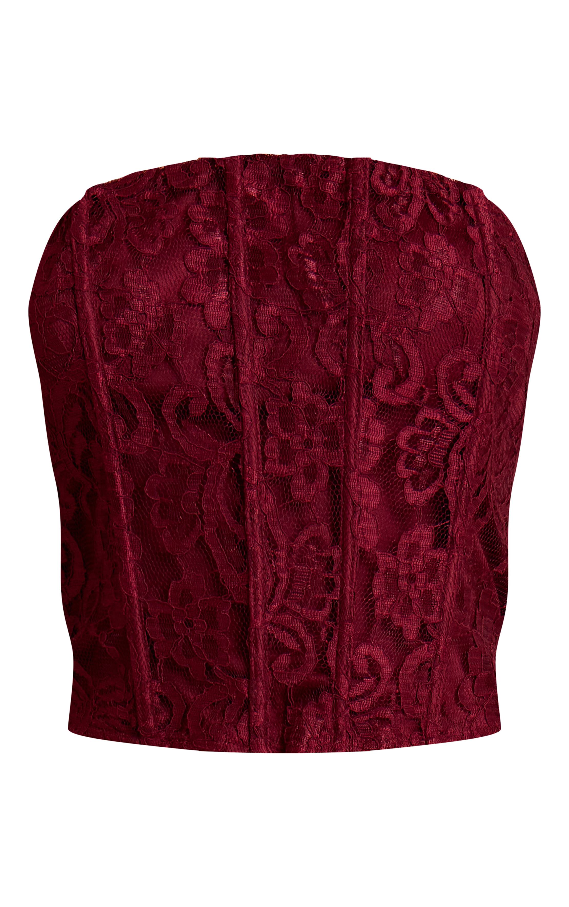 Rouge Vin Top Corset Bustier À Lacets Avec Baleines Ensemble Coordonné