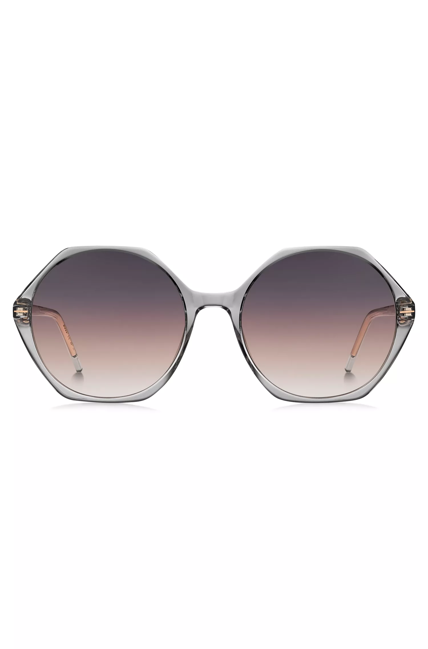 Óculos de sol BOSS em acetato preto transparente com armação hexagonal.