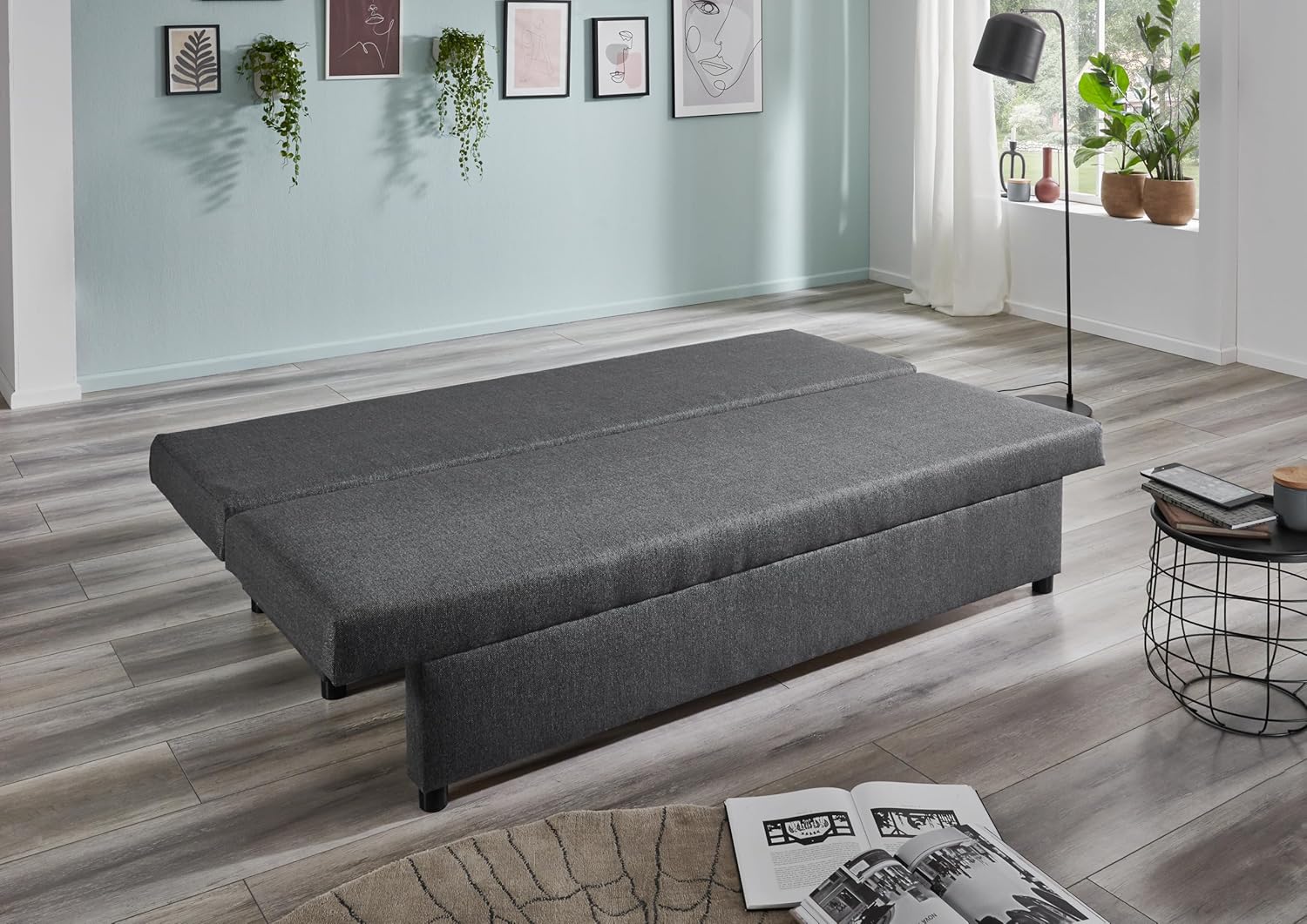 Betten-ABC Trendy Klappsofa mit Schlaffunktion – Platzsparendes Schlafsofa mit zweifarbigen Rückenkissen, Komfortschaum-Polsterung, Stabilen Kunststofffüßen, Anthrazit, 191x72x73 cm