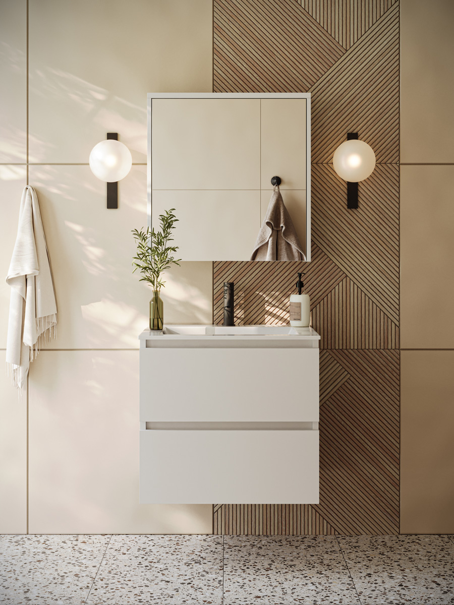 Fontana Rovigo badmeubel 60cm wit mat met witte wastafel met kraangat en spiegelkast zonder verlichting