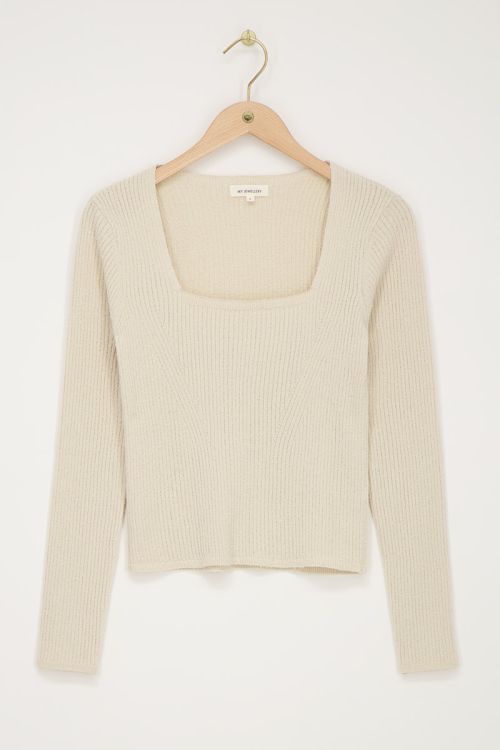 Beige boucle top met vierkante hals