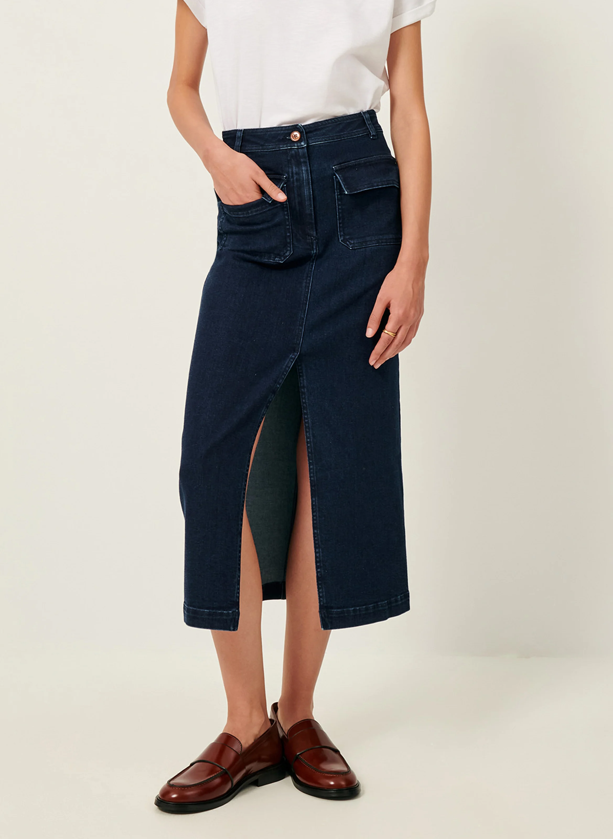 UPTOWN - Jupe midi en coton mélangé | Bleu