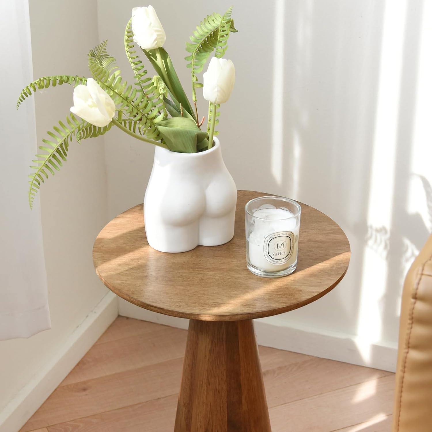 Beistelltisch Rund, Beistelltisch Holz Natur, Couchtisch Klein Rund für Wohnzimmer, Runder Beistelltische Schmal als Nachttisch oder Sofatisch, Modern Farmhouse Möbel Pilzform, Ø34×50 cm