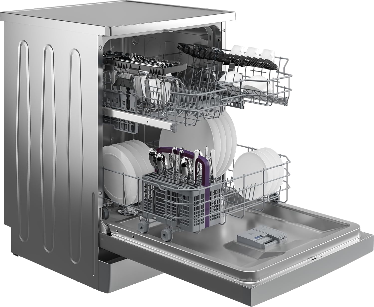Beko BDFN26430S Geschirrspüler 60 cm, freistehend, unterbaufähig, für 14 Maßgedecke, 6 Programm, 4 Zusatzfunktionen, 3 Spülebenen, HygieneIntense, SelfDry, Programm für Halbe Beladung, Silber