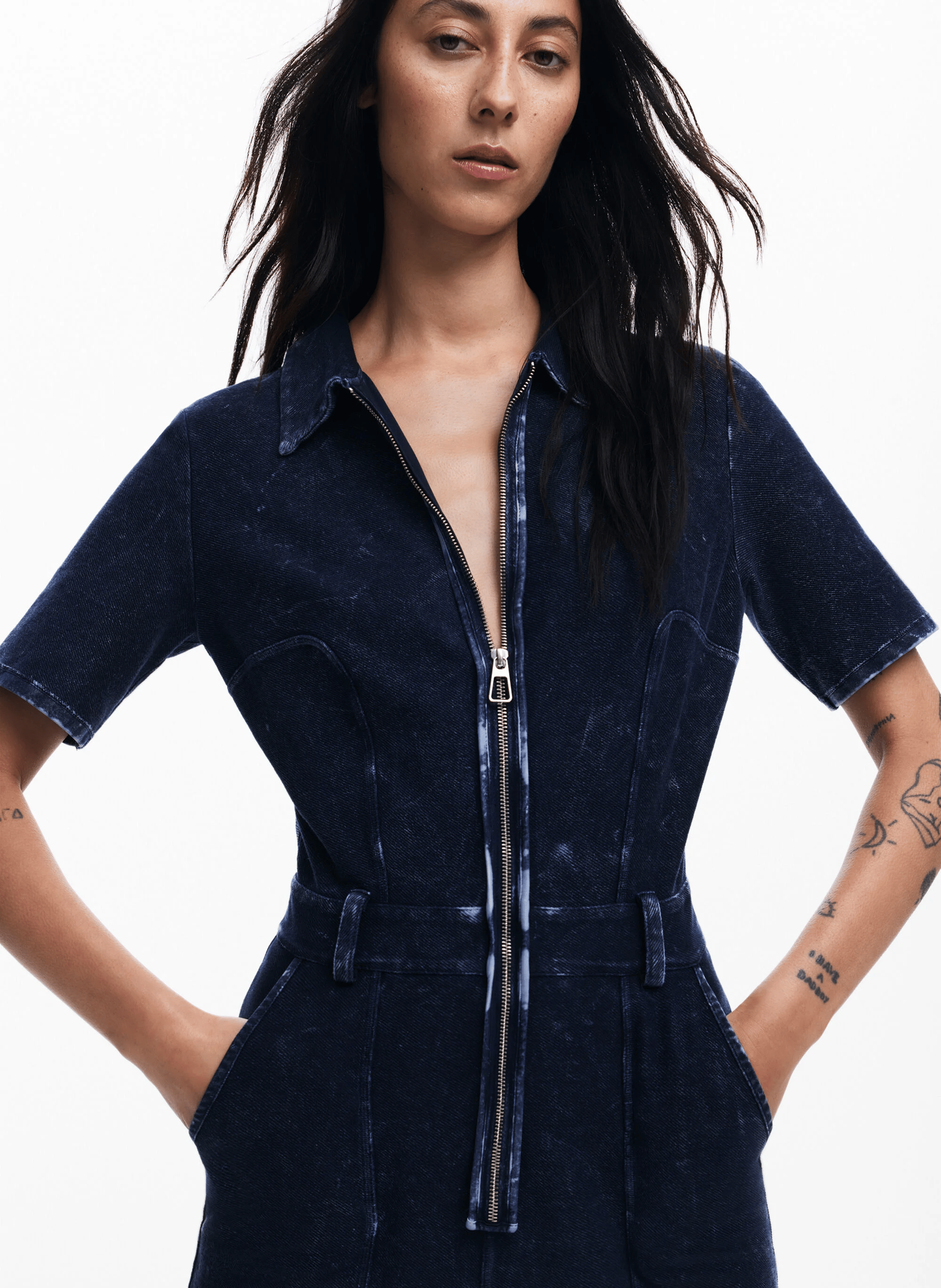 Combinaison col classique en denim de coton mélangé | Bleu