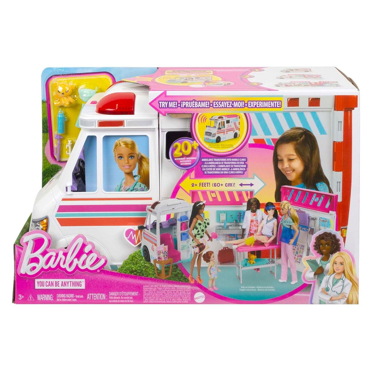 Mattel HKT79 - Barbie - You can be anything - 2 in 1 Krankenwagen und Klinik (ohne Puppe), Spielset mit Licht und Sound