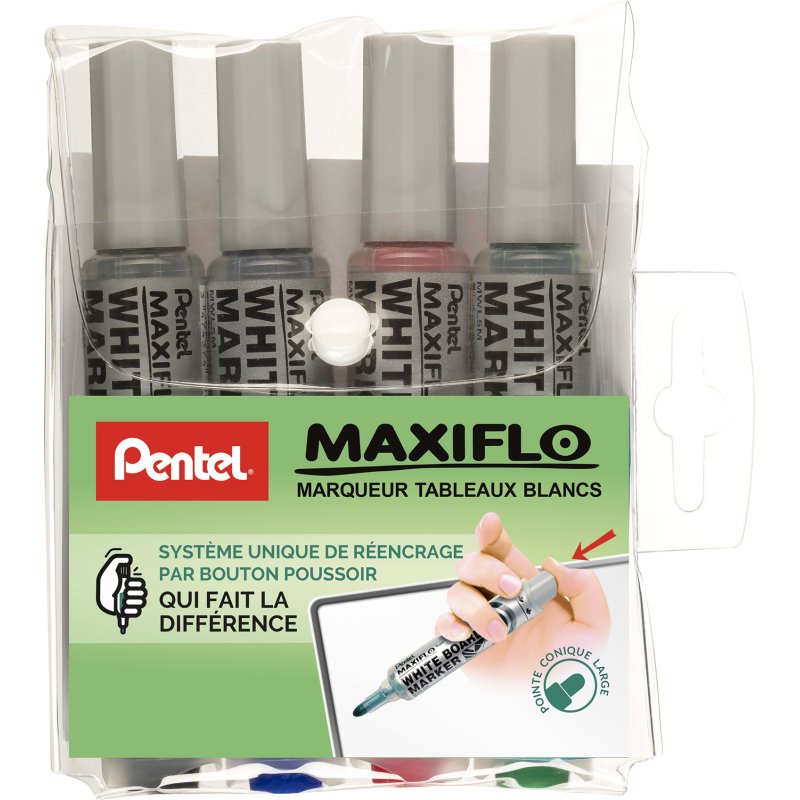 Marqueur effaçable Pentel Maxiflo pointe conique 6 mm couleurs assorties - Pochette de 4