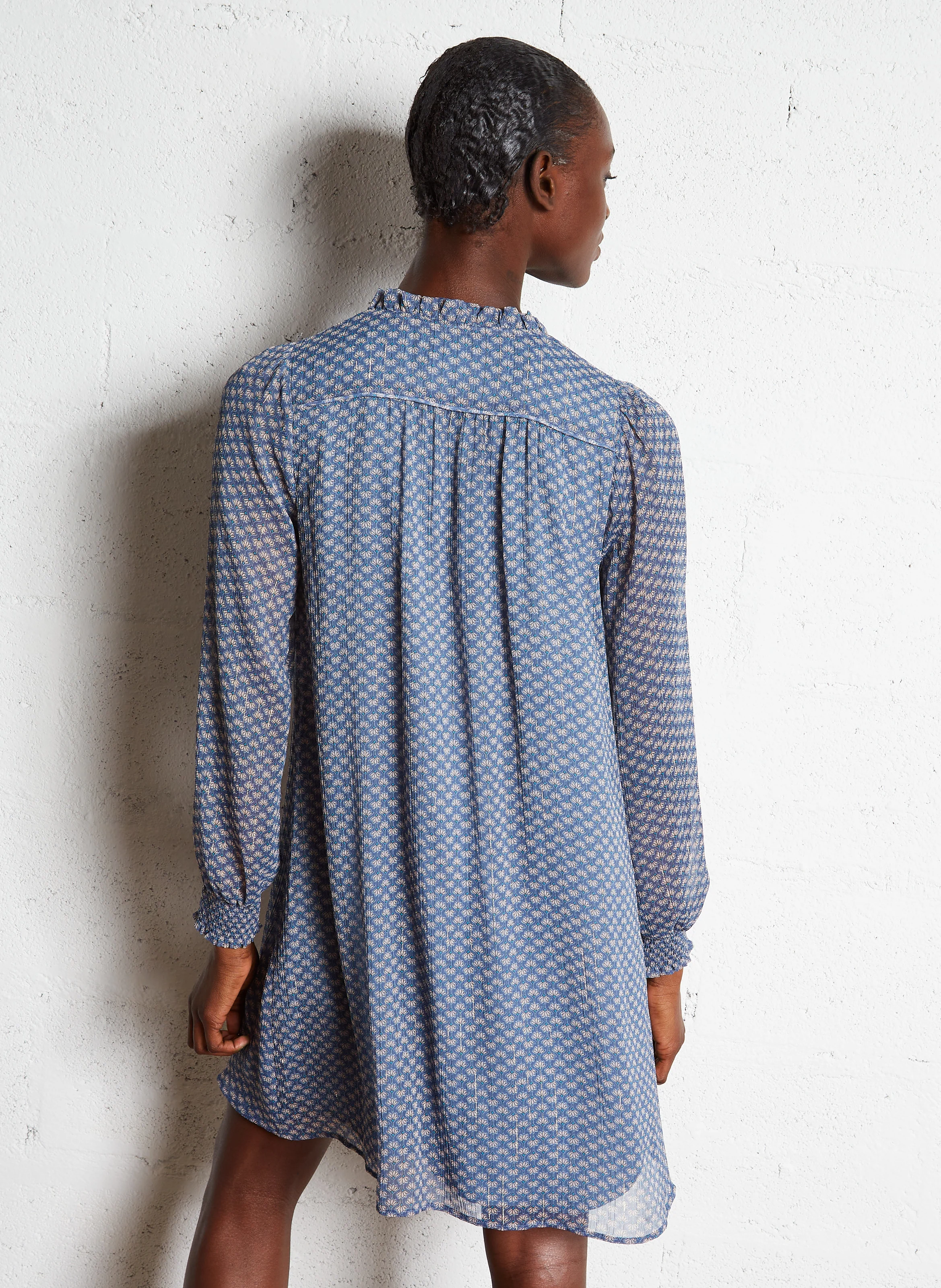 MACHA - Robe col tunisien ample imprimée | Bleu