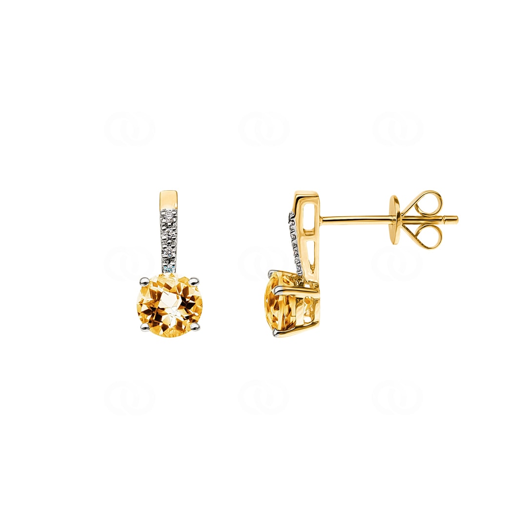 Ohrstecker 750/18 K Gelbgold mit Citrin rund und Diamanten 0.02 ct H/si