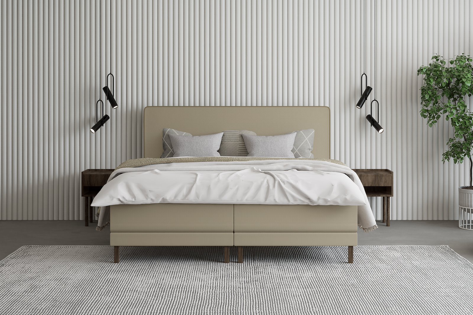 Premium 14 regulerbar seng 180x210 cm Tekstil Storm 09 mørk beige, medium/fast, Premium 14 overmadrass med røkfarget 15 cm ben, gavl selges separate.