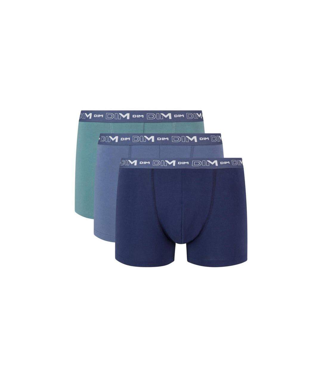DIM Lot de 3 Boxers Homme Coton STRETCH Bleu Denim Bleu Orage Vert Palme