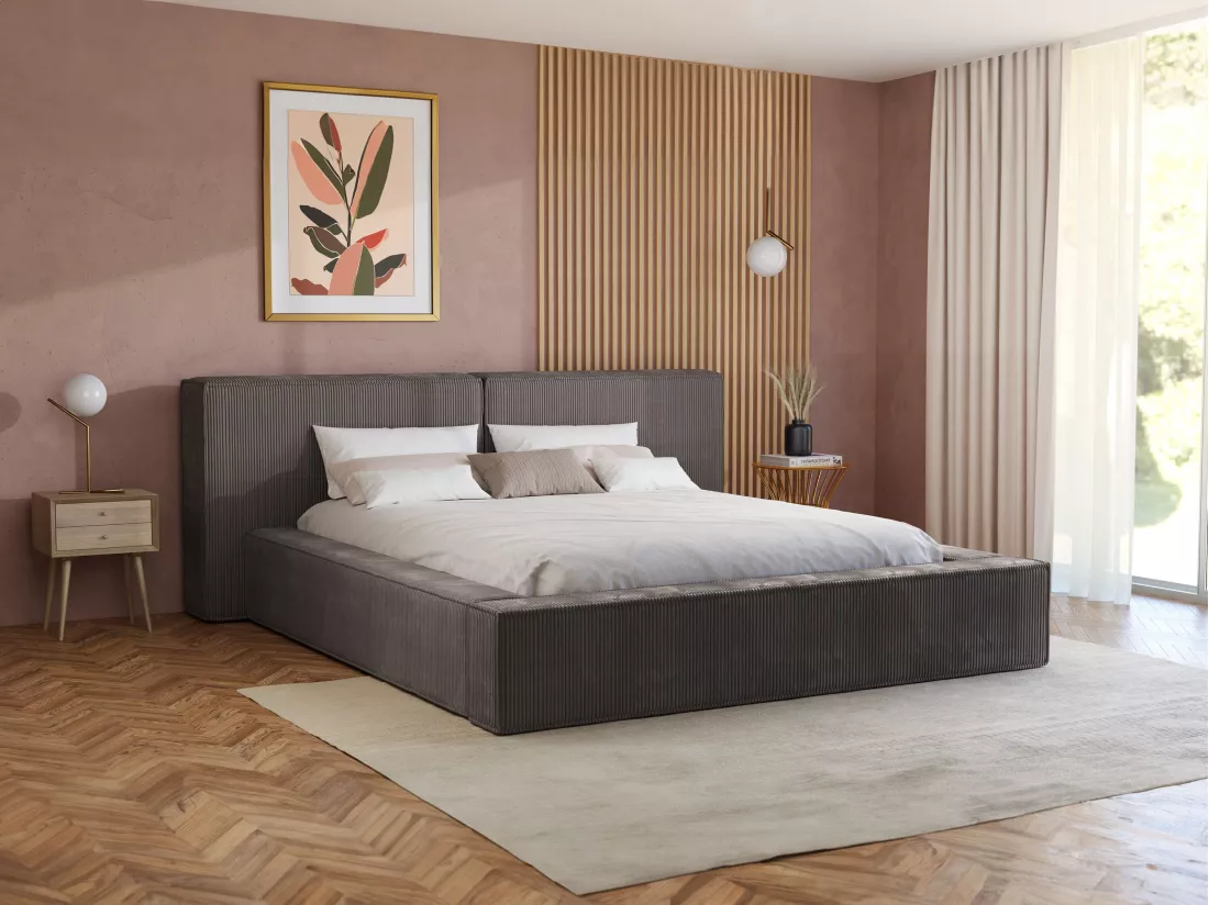 Lit coffre 160 x 200 cm - Velours côtelé - Taupe + Matelas - TIMANO de Pascal Morabito