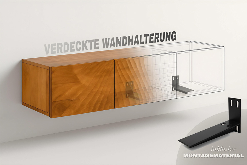 Hängendes TV-Lowboard RELIEF 200cm natur Akazienholz massiv mit aufwändiger Front