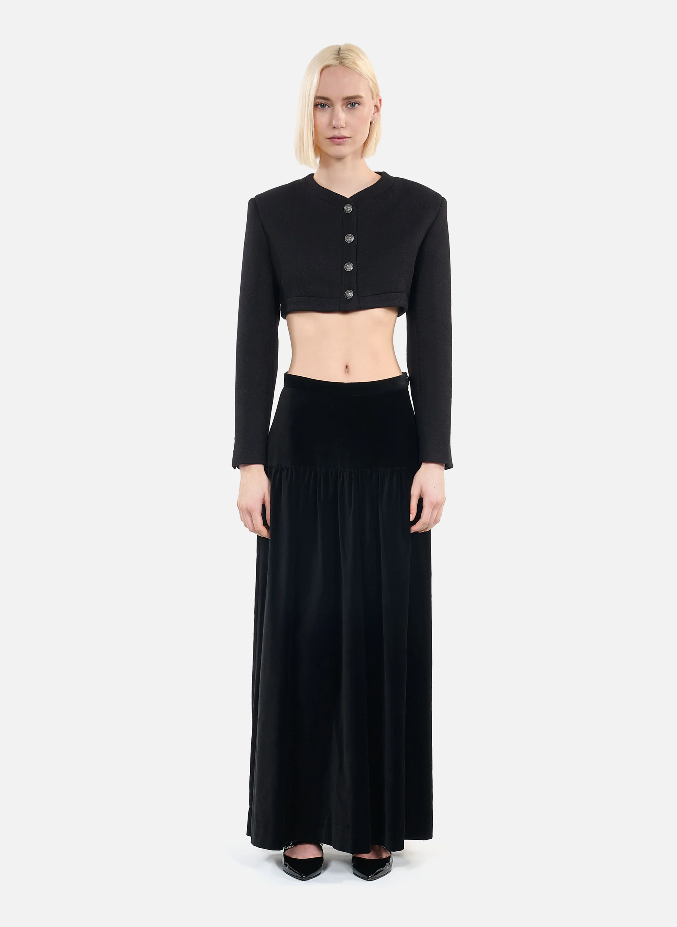 Veste col rond droite en laine et coton mélangé | Noir