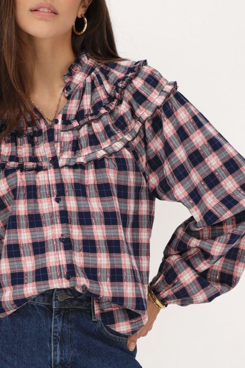 Donkerblauwe blouse met roze ruitjes en lurex