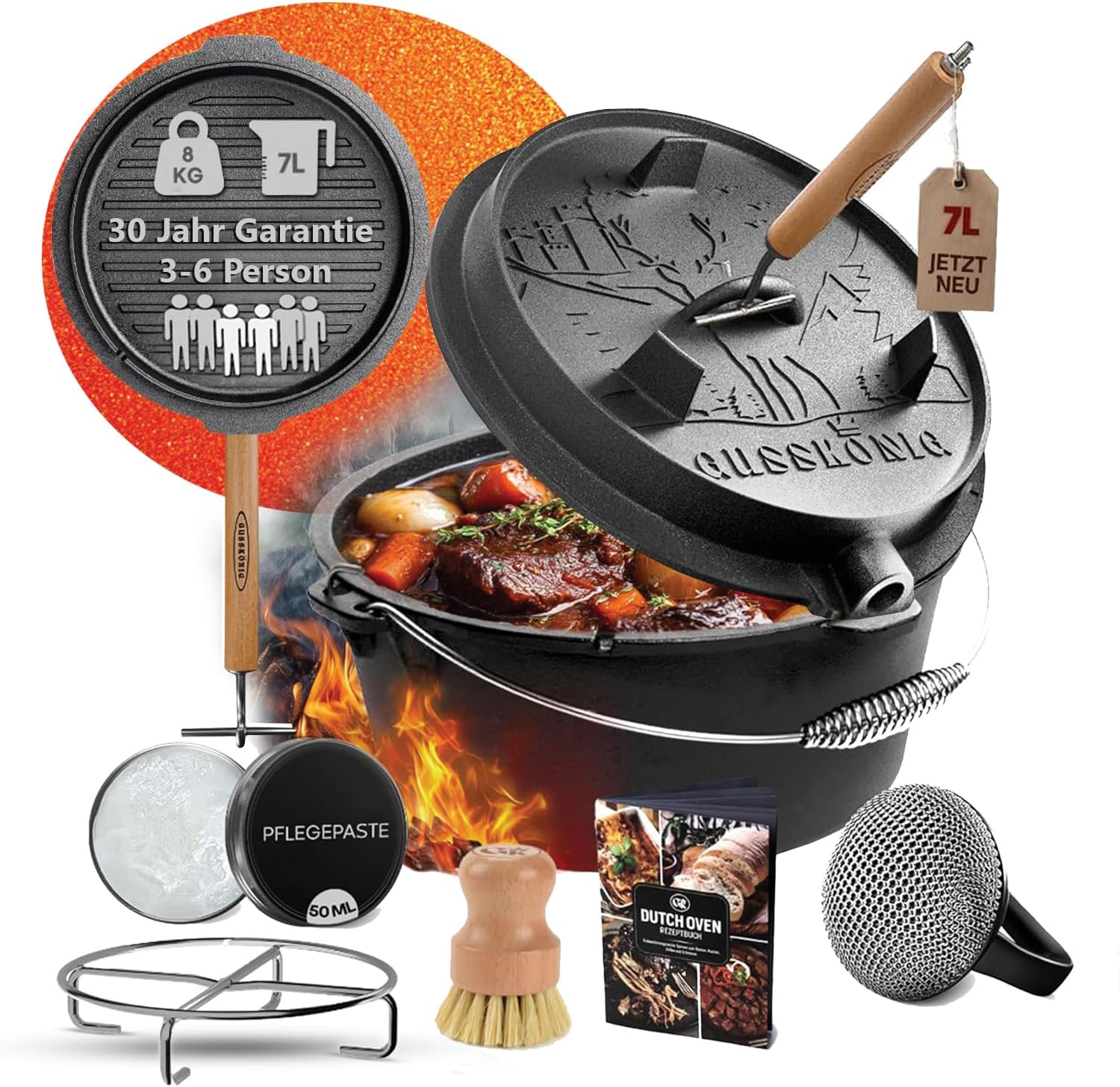 Dutch Oven Set–Eingebrannter Dutch Oven 7L–Feuertopf Gusseisen ohne Füß–Schmortopf Doppelfunktion-2in1 Deckelheber,Untersetzer,Schrubber,Pflegepaste,Bürste & Rezeptbuch-30 Jahre Garantie