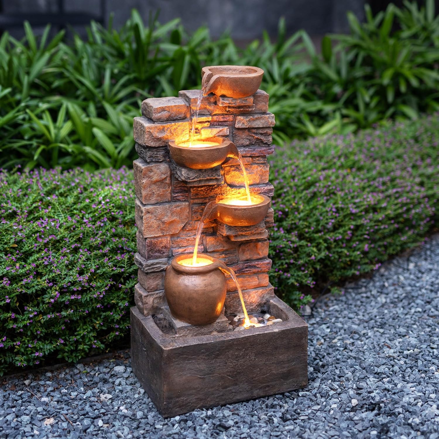 Teamson Home 4 stufiger Steinbrunnen Braun LED Wasserspiel Outdoor