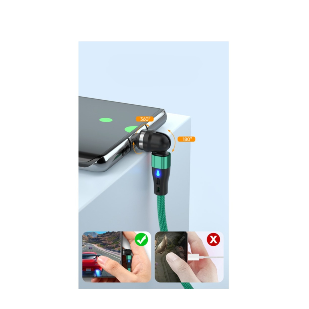 (2m) 60W 3in1 USB C auf USB C / Micro USB / Lightning Ladekabel Magnetisches Nylon 180° Datenkabel mit LED - Schwarz