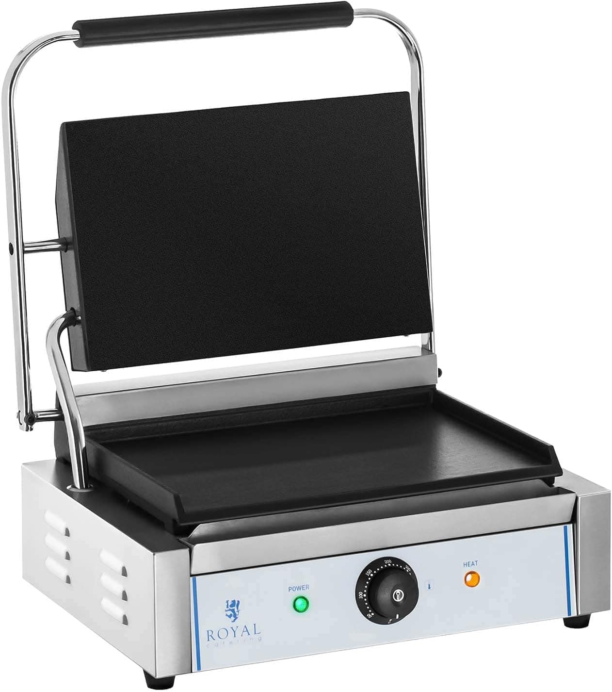 Royal Catering Gastro-Kontaktgrill 2200 W 300 °C 34,8 x 23 cm emailliertes Gusseisen + Edelstahl Elektrogrill kommerzieller Panini-Grill Sandwich-Pressgrill Multigrill