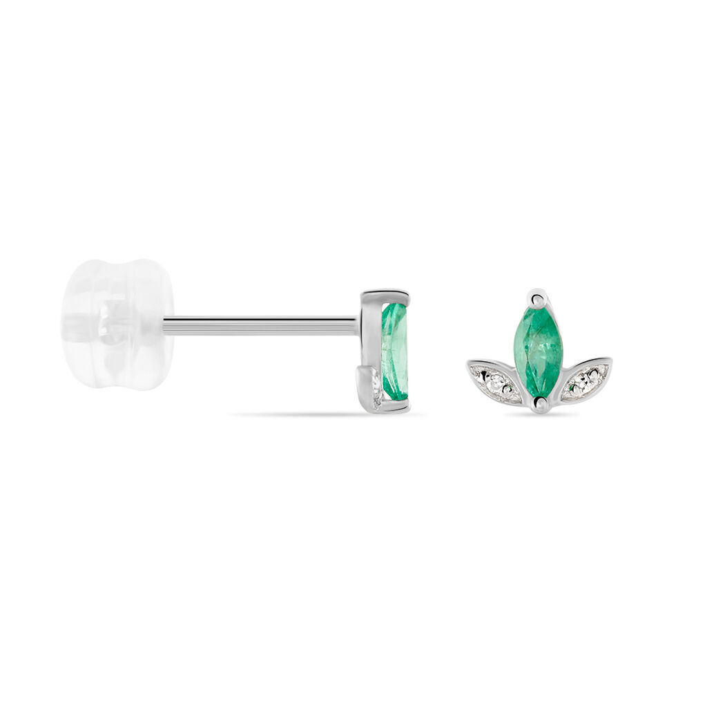 Boucles D'oreilles Puces Or Blanc Febe Emeraude Diamant